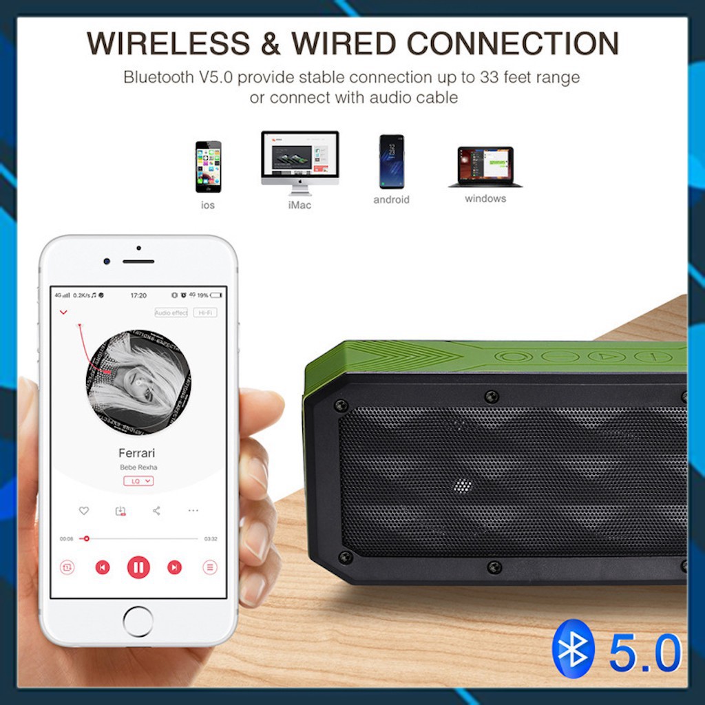 Loa bluetooth đọc thẻ SD TF, Jắc 3,5mm AUX cổng kết nối máy tính, chuẩn chống nước IPX7, model W01  (vthm9)