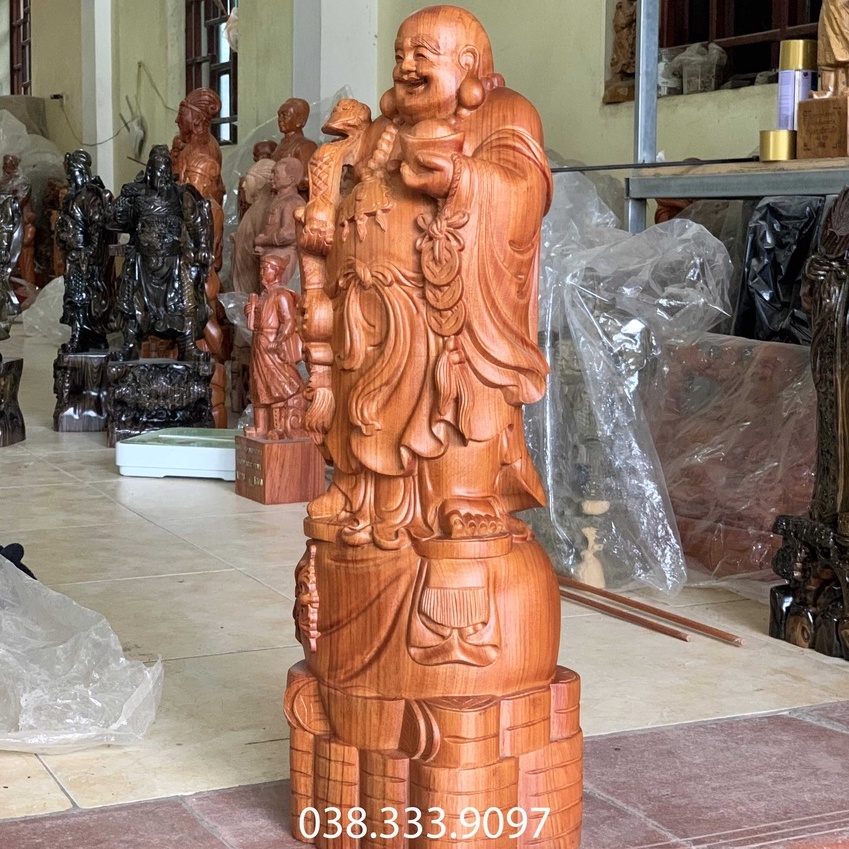Tượng phật di lặc phỗng thẻ bài cao 40cm đến 60cm được làm bằng gỗ hương nguyên khối