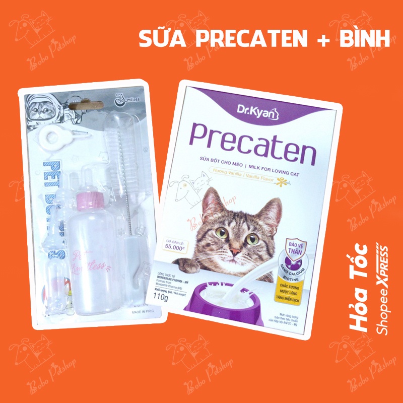 Sữa Mèo Precaten Và Bình Ti Cho Mèo Con, Mèo Mẹ Thiếu Chất - Sữa Cho Mèo Dạng Bột Mèo Sơ Sinh Uống Ngay - Bobo Pet Shop
