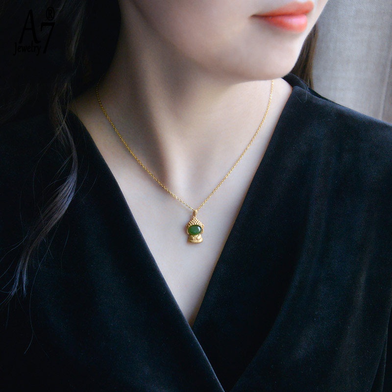 Vòng cổ Mạ Bạc 925 Mặt Hình Phật Đính Ngọc Bích Thời Trang Cho Nữ