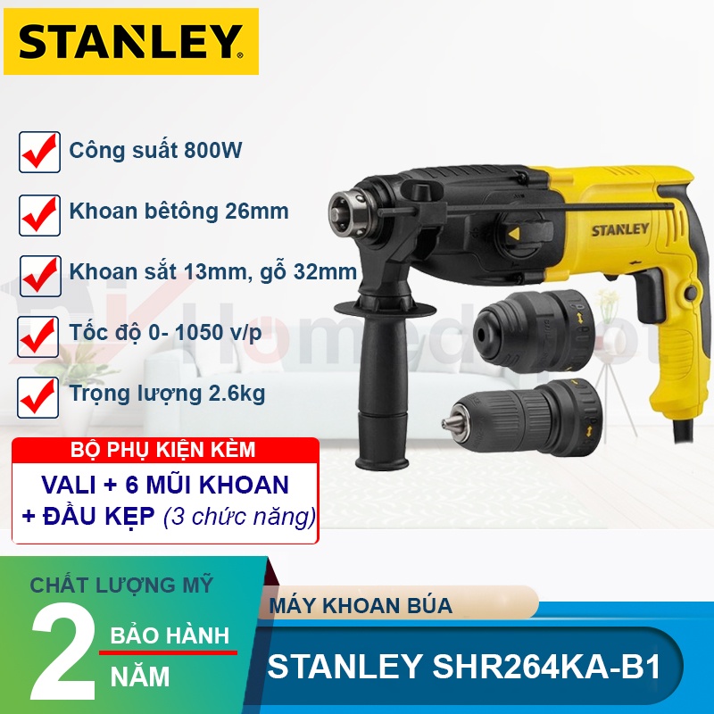 Máy khoan búa Stanley SHR264KA-B1 800W, 3 chức năng, kèm bộ mũi khoan và đầu cặp thay nhanh