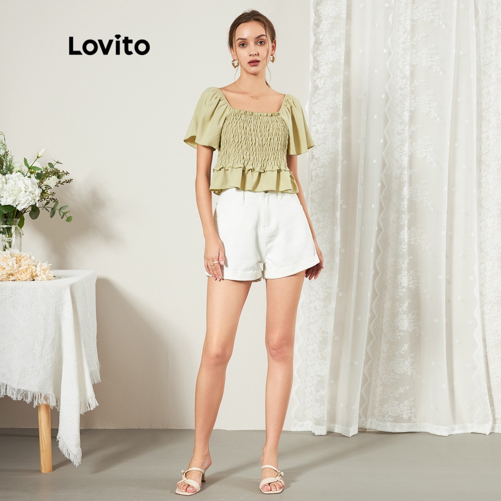 Áo kiểu Lovito màu trơn may nhún chun viền nhún bèo cảm giác mát phong cách thường ngày L25ED018 (màu xanh lá nhạt)