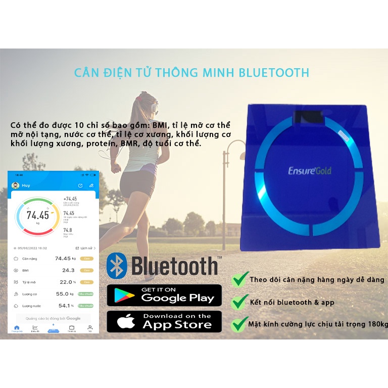 Cân sức khỏe điện tử thông minh kết nối Bluetooth Đo Chỉ Số Cơ Thể, Lượng Mỡ Thừa