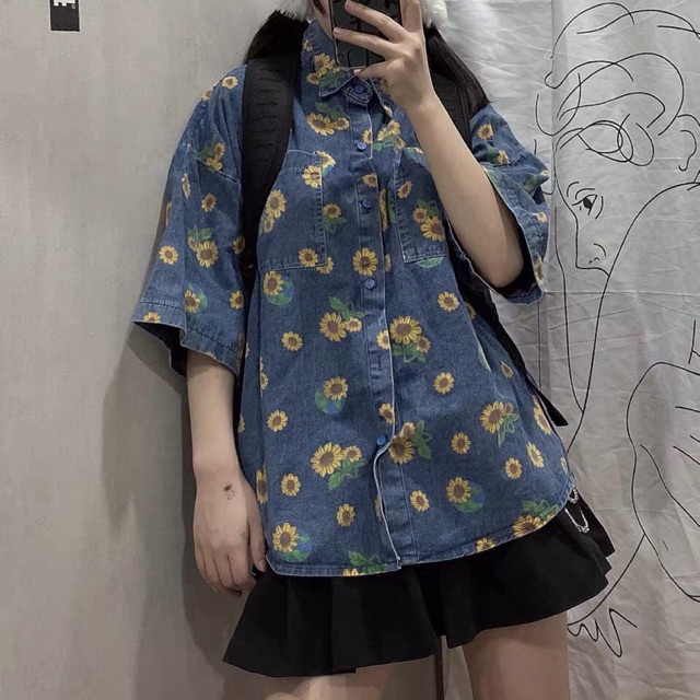HÀNG HOT -Áo sơ mi denim hoa cúc phong cách cực chất
