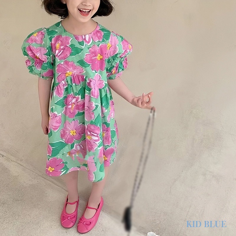 Đầm Tay Ngắn Phồng Cổ Tròn In Hình Hoa Thời Trang Mùa Hè Hàn Quốc Dành Cho Bé Gái