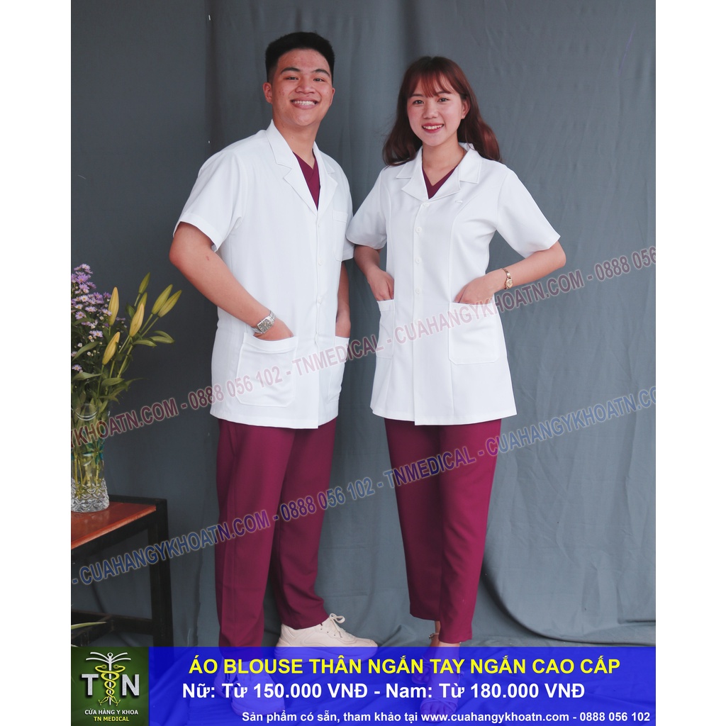 ☘ Áo Blouse (Blue) Tay Ngắn, Thân Ngắn Dược Sĩ, Điều Dưỡng, Y Tá - Thương hiệu TN Medical