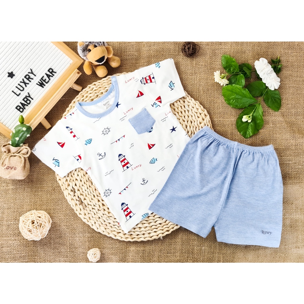 Bộ Quần Áo Cộc Tay Cài Vai họa tiết siêu dễ thương chất liệu vải sợi tre nhà Luxry Cho Bé trai bé gái dưới 5 tuổi