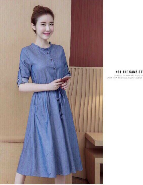 Đầm jean xòe denim eo rút dây, váy bò cổ viền bèo - DTH