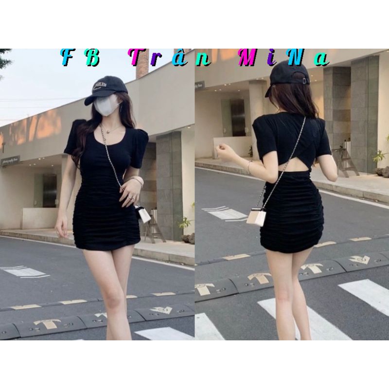Đầm body đen nhún sườn cutout lưng