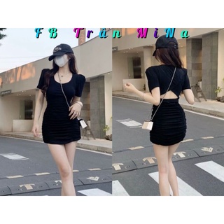 Đầm body đen nhún sườn cutout lưng