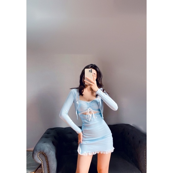 Set Đầm Body Xanh Ren Kèm Áo Khoác