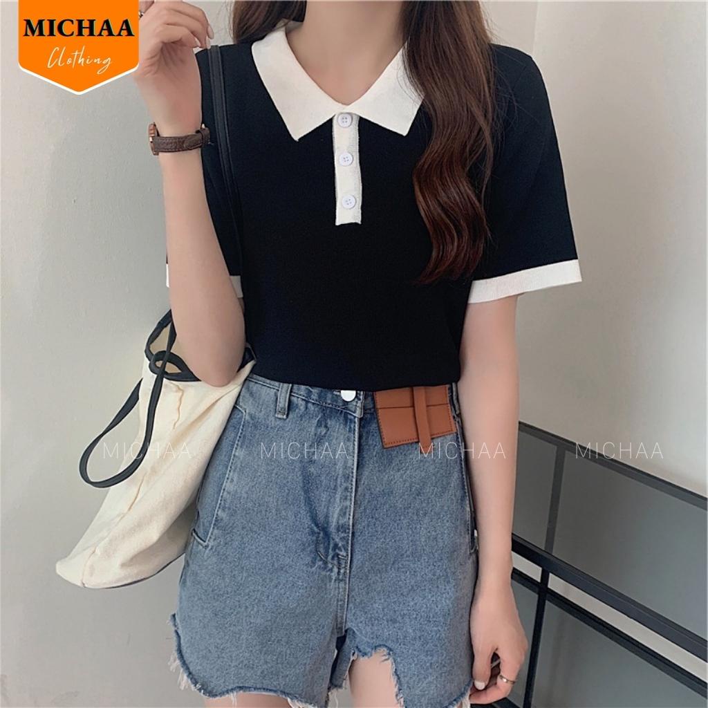 Áo Croptop CỔ POLO PHỐI Màu Đen Trắng Nữ, Áo Cổ Bẻ Tay Ngắn Đẹp - MICHAA