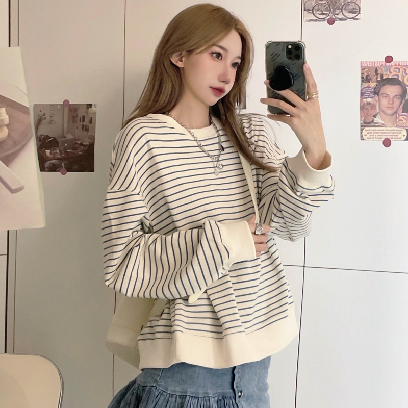 SUXI Áo Sweater Tay Dài Cổ Tròn Vải Mỏng Kẻ Sọc Phong Cách Thể Thao Cổ Điển Kiểu Hàn Thời Trang Mùa Thu Cho Bạn Nữ