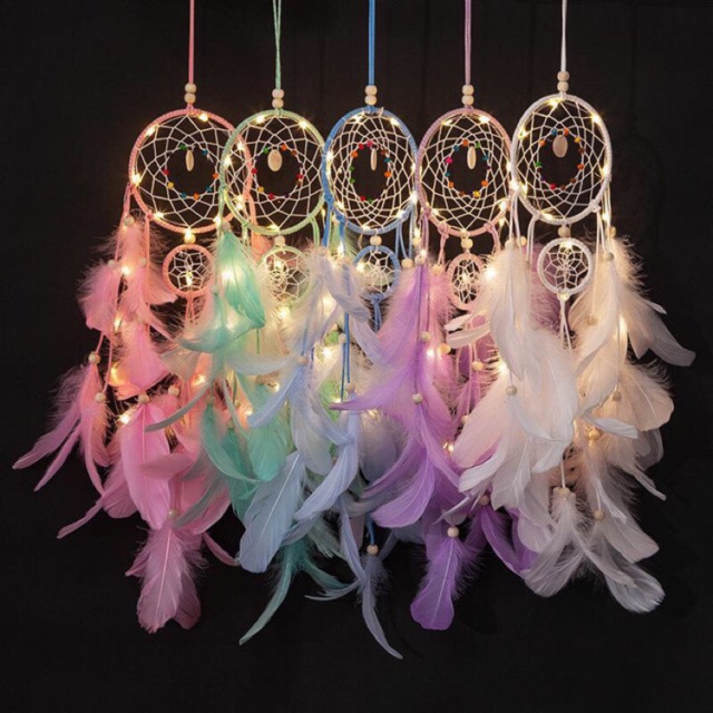 [ CÓ ĐÈN LED ] - Dreamcatcher 2 tầng gắn lông vũ ( HÓT )