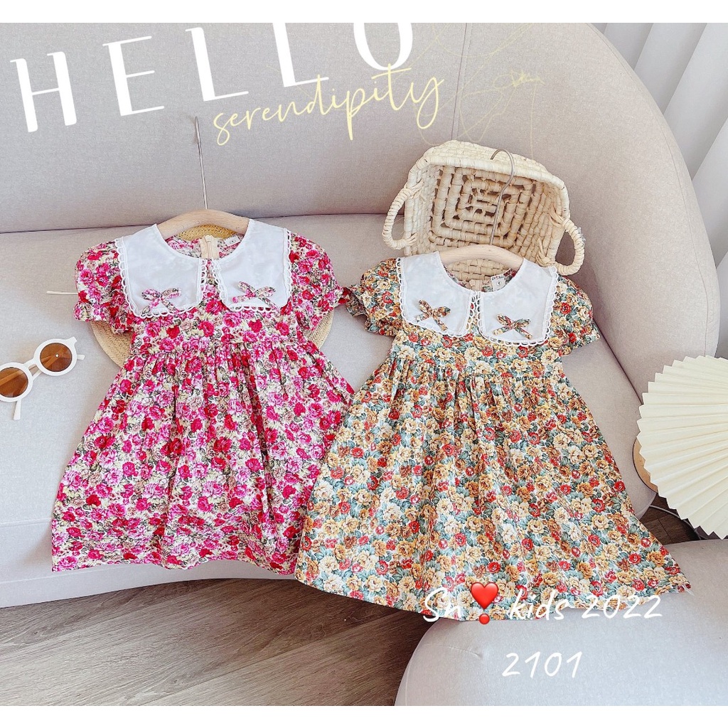 Váy babydoll hoa nhí dáng xòe cổ vuông bèo trắng 2 nơ 2 bên cổ cho bé