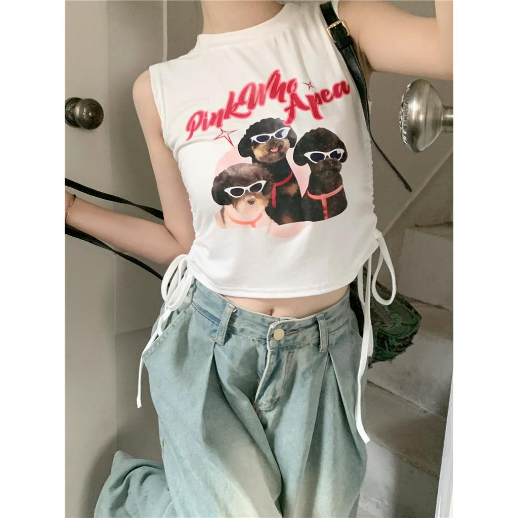 Lalisas Áo Sát Nách Cổ Thuyền Thiết Kế Dây Rút In Cảm Giác retro Mỹ Cho Nữ