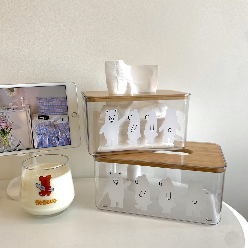 Hộp Đựng Khăn Giấy Hình Gấu Bắc Cực Trong Suốt Có Nắp Gỗ