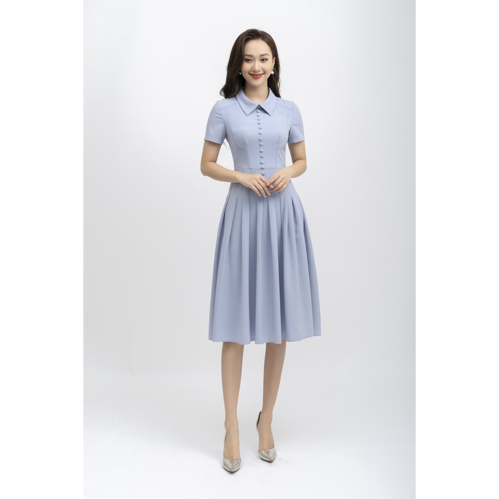 Đẩm xòe công sở cổ đức, váy thiết kế thanh lịch đính cúc bọc trang trí, Đen FIONA F452272