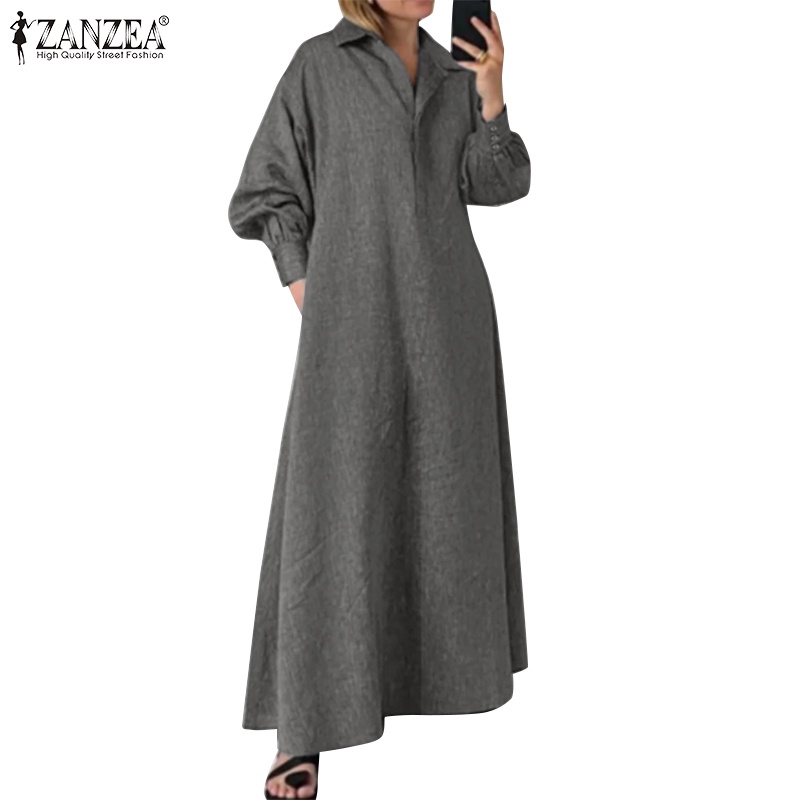 Đầm dài Zanzea cài nút cổ bẻ tay phồng thời trang cho nữ