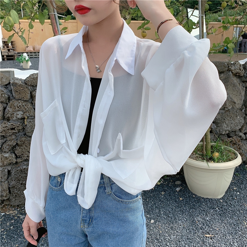 SUXI Áo Sơ Mi Trắng Vải Chiffon Tay Dài Chống Nắng Thời Trang Mùa Hè Cho Nữ