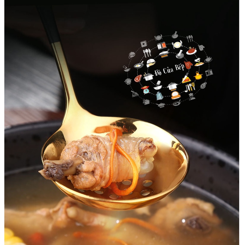 Vá nhỏ muỗng múc canh nước súp inox 304 mạ vàng sáng bóng cán sơn đen nhám chống trượt phong cách vintage dài 19cm