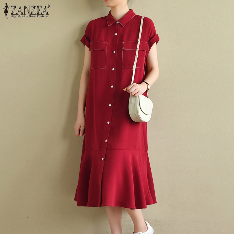 Đầm midi Zanzea tay ngắn màu trơn viền nhún bèo phong cách cổ điển cho nữ