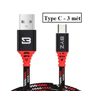 Dây sạc iphone dài 3m,cáp sạc bọc dù sạc nhanh chuẩn 2.1a ,hàng chính hãng byz thích hợp samsung micro, type c, iphone