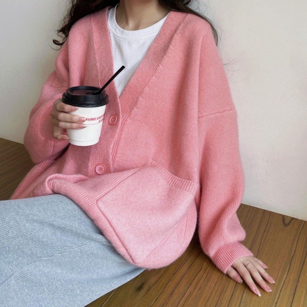 Áo cardigan Len Dáng Rộng Cổ Chữ V Màu Xanh Dương Sữa Phong Cách Thời Trang Thu Đông Hàng Mới 2022