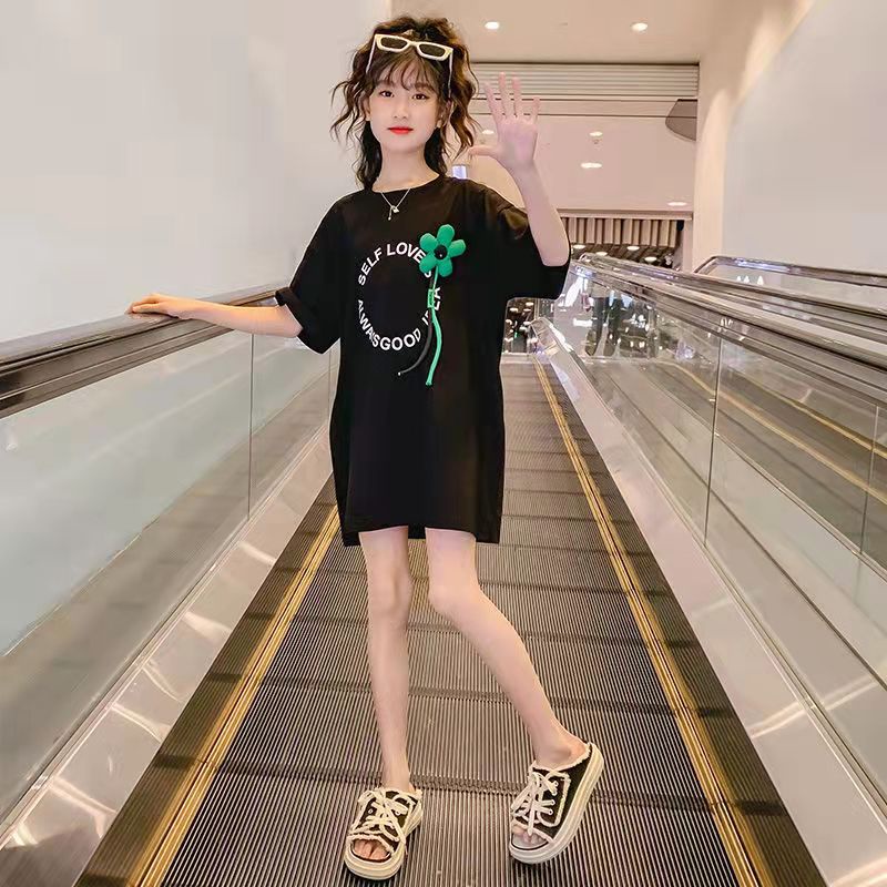 Áo baby tee thun nữ cotton tay ngắn thêu họa tiết màu sắc tương phản thời trang mùa hè 7-10 Tuổi