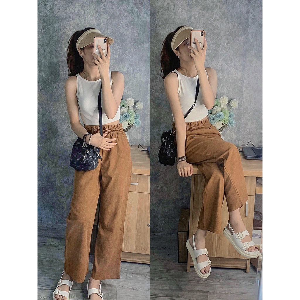 Quần nhung tăm suông ống rộng lưng cao màu đen kem nâu M246