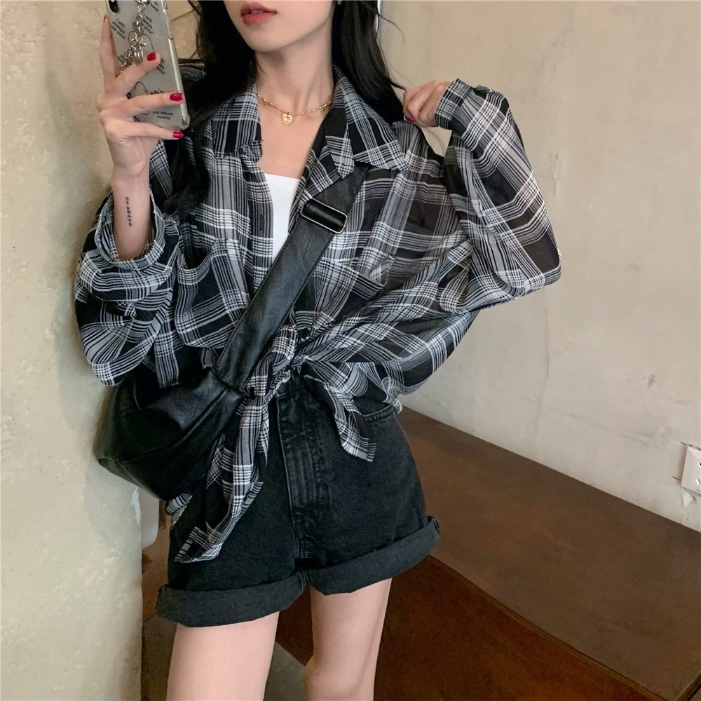 Áo sơ mi chiffon SUXI tay dài họa tiết sọc caro thời trang mùa hè cho nữ