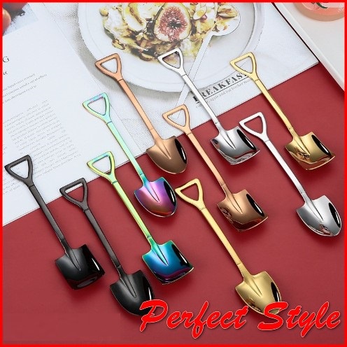 Muỗng thìa inox cán dài cao cấp hình chiếc xẻng nhiều màu pha trà cafe múc kem ăn hoa quả độc đáo