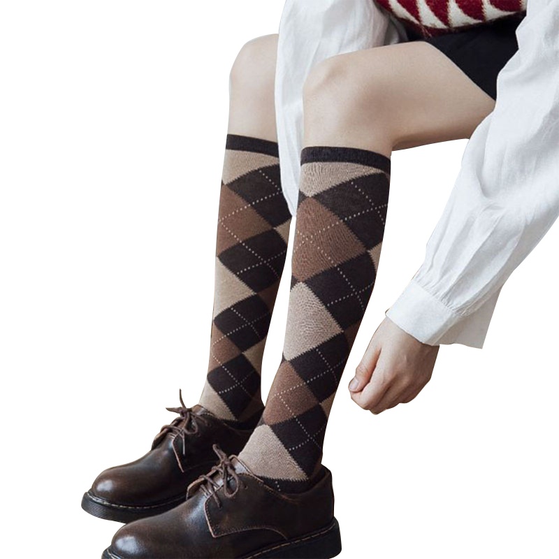 Run Vớ Cotton Cao Đến Đầu Gối In Họa Tiết Kim Cương Nhiều Màu Phong Cách Preppy Nhật Bản Cổ Điển Cho Nữ Sinh