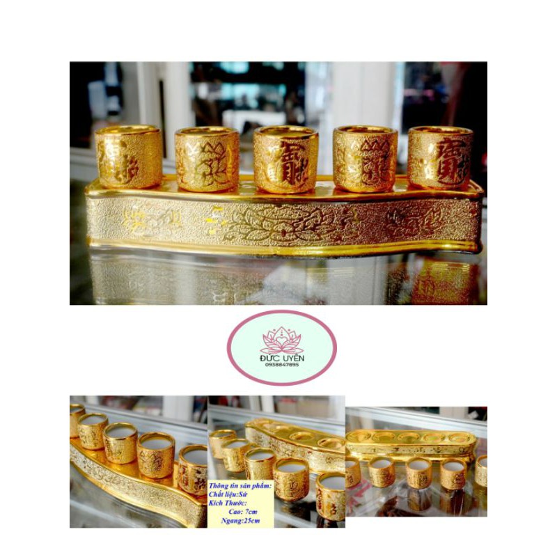 Bộ năm ly nước thờ cúng kim sa vàng - Án năm