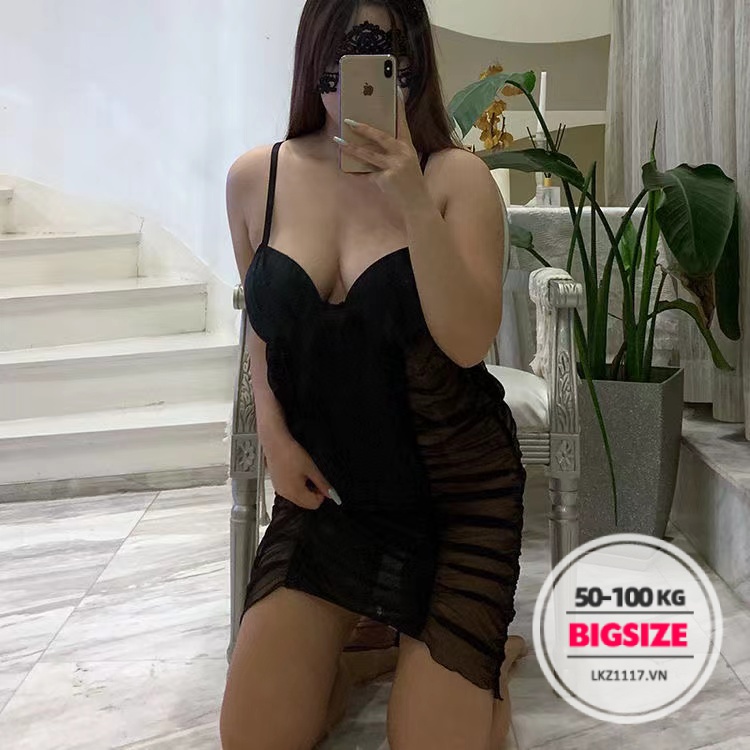 Đồ ngủ sexy gợi cảm Bigsize Váy ngủ nữ Đầm ngủ 2 dây 45-100kg Ren xuyên thấu quyến rũ có mút ngực ôm body cho người mập béo nữ Vải cao cấp