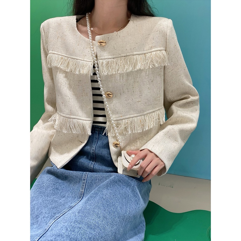 Áo Khoác Vải Tweed Cổ Tròn Phối Tua Rua Phong Cách Hàn Quốc Thời Trang Mùa Thu Hàng Mới 2022 7008