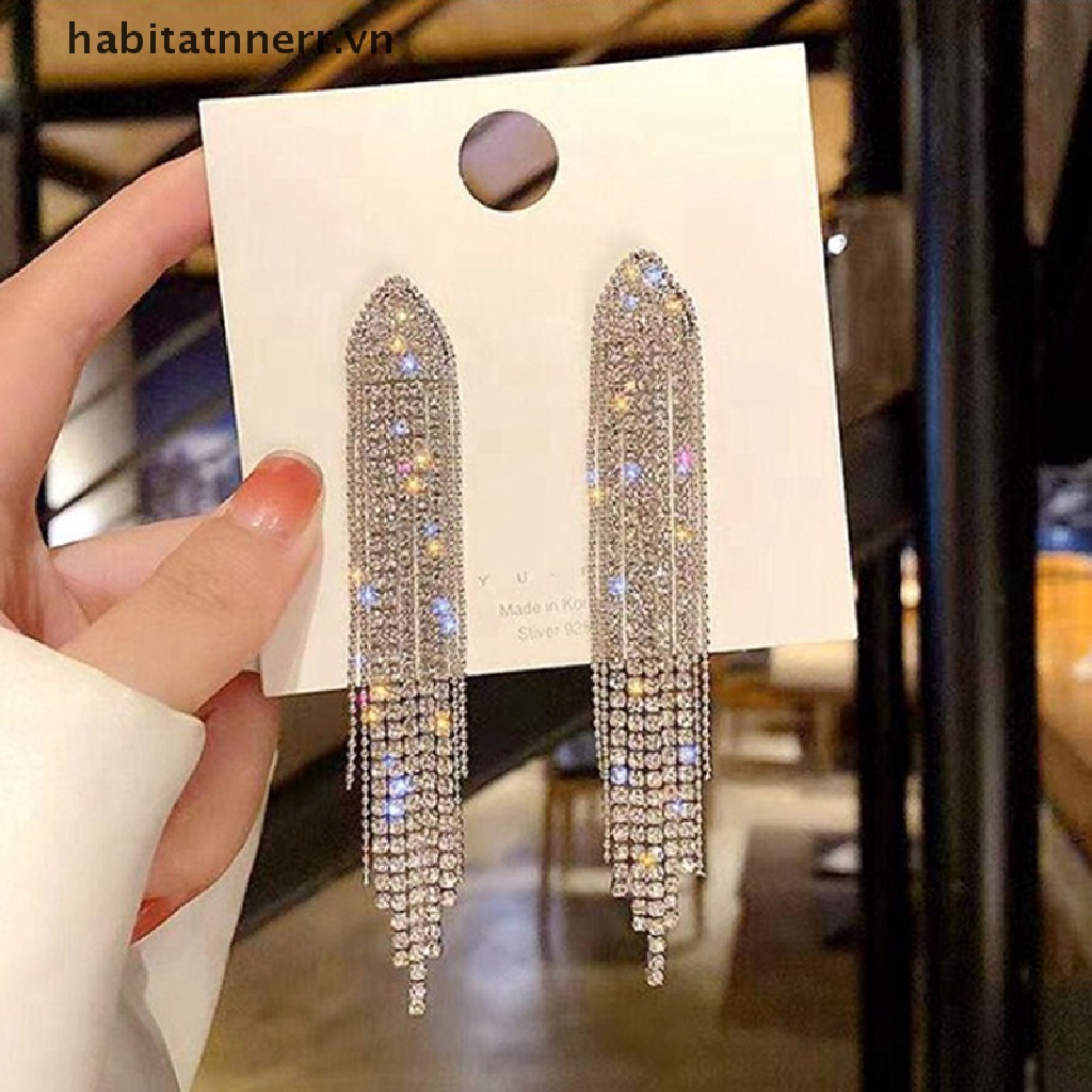 Khuyên tai tua rua dáng dài phóng đại đính đá nhân tạo dành cho nữ