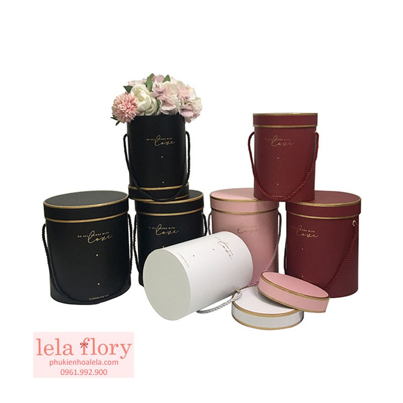 Bộ 3 chiếc hộp trụ tròn có nắp kèm quai LOVE cắm hoa - THH0046