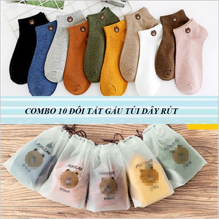 Set 10 đôi tất gấu cổ ngắn cute cao cấp nhiều màu dễ thương phong cách Hàn Quốc PK15