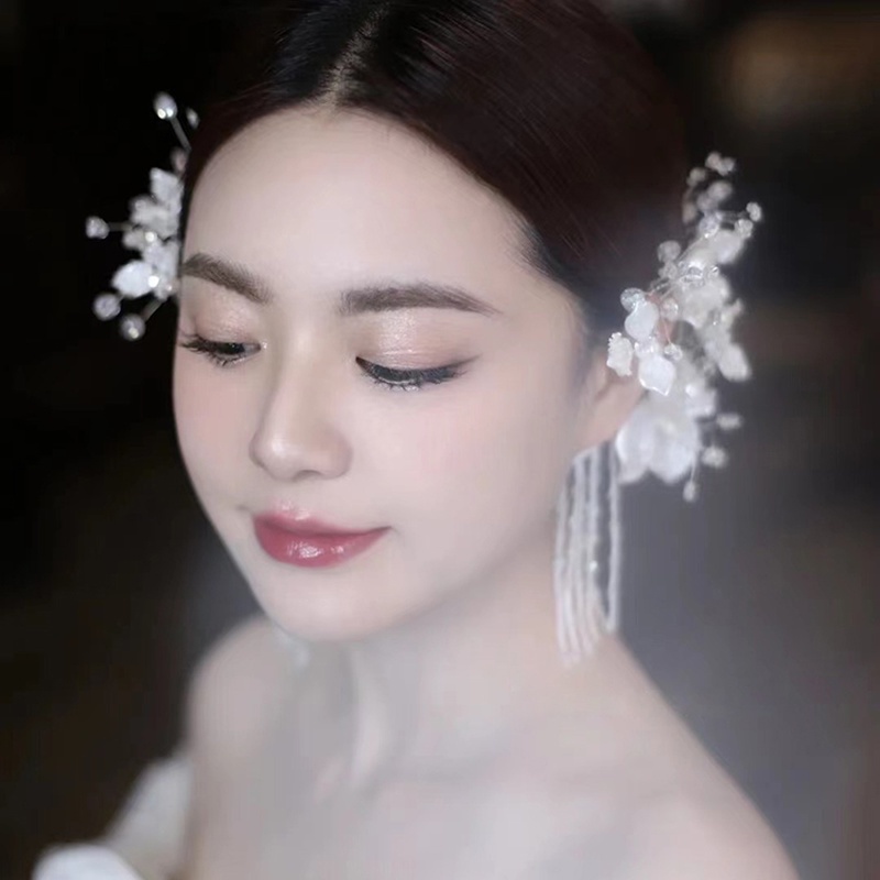 Khuyên Vành Tai Cô Dâu Đính Đá Pha Lê Hình Hoa Tua Rua