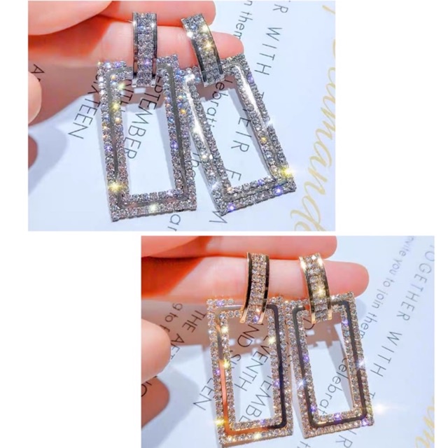 bông tai hình chữ nhật đính đá, khuyên tai sang chảnh phong cách hàn quốc