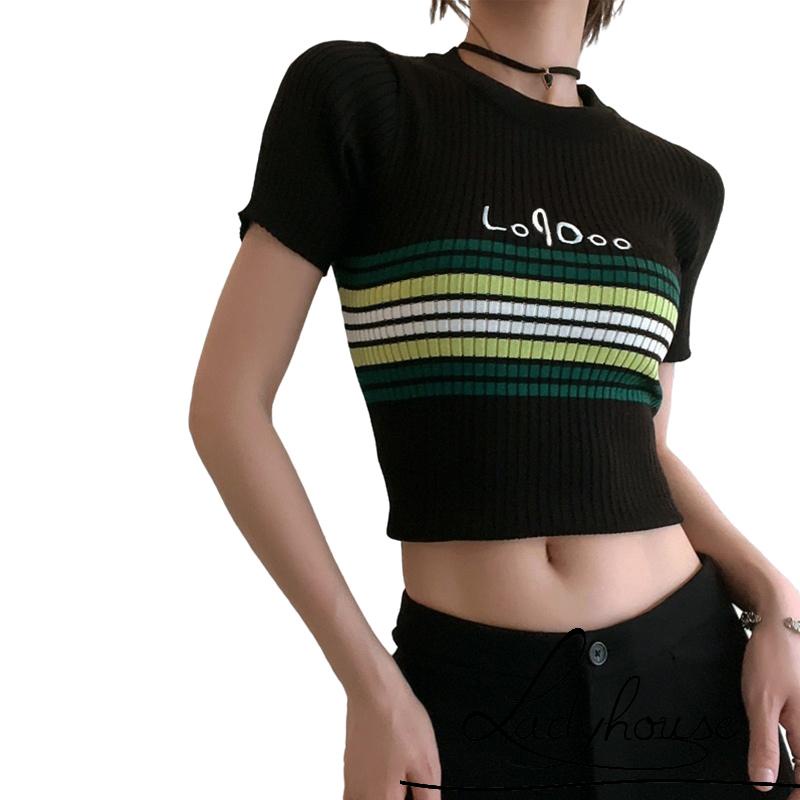 Áo Croptop Dệt Kim Tay Ngắn Cổ Tròn Họa Tiết Kẻ Sọc Thời Trang Mùa Hè Cho Nữ