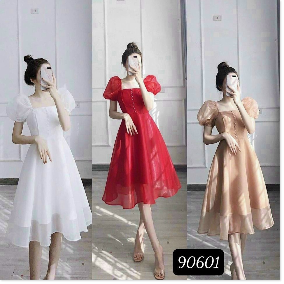 Đầm phối voan kiếng có nút siêu đẹp , tôn dáng cho các nàng KME FASHION