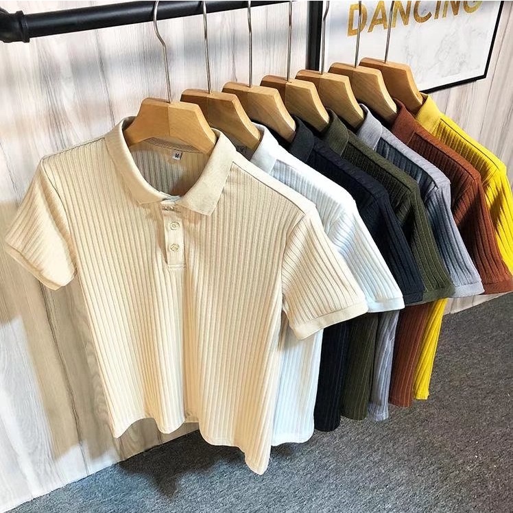 Áo Sweater Dệt Kim Cổ Đứng Tay Ngắn Dáng Ôm Kẻ Sọc Phối Nút Đơn Giản Thời Trang Cho Nữ