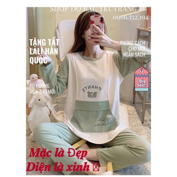 (ảnh thật)Bộ Bầu Mặc Nhà 100% Cotton Mềm Mại vén ngực, Đồ Bầu Sau Sinh Cho Bé Bú Và Chun Chỉnh Bụng Tkutrang - BN294