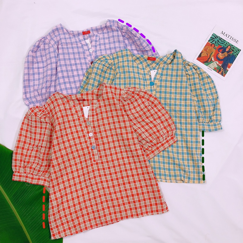 Áo Caro Nữ Tay Ngắn Cổ V Phối Nút Nhiều Màu Lạ Mắt Chất Kate Mát (Caro Lớn) - Jancaroshop
