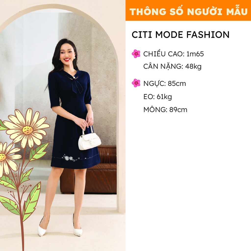 Đầm xòe voan xanh than công sở CITI MODE cổ sơ mi thêu hoa trắng DH3362