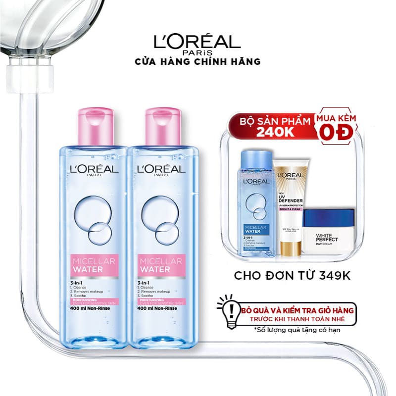 Bộ 2 nước tẩy trang dưỡng ẩm mượt da 3in1 L'Oreal Paris Micellar Water 400ml