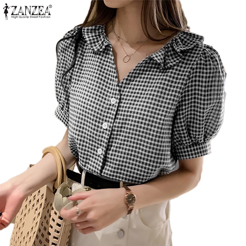 ZANZEA Áo Sơ Mi Tay Ngắn Cài Nút Họa Tiết Sọc Caro Thời Trang Cho Nữ