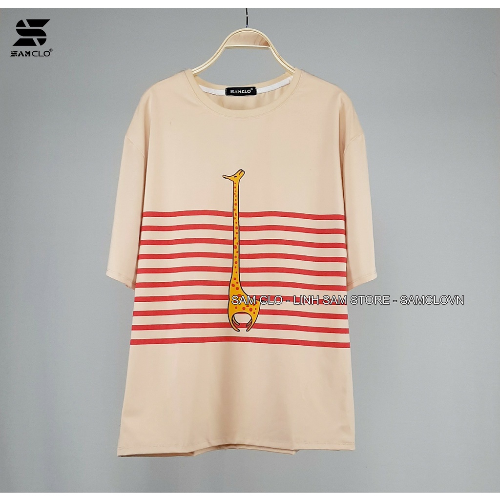 Áo thun tay lỡ nữ freesize phông form rộng dáng Unisex - Ulzzang mặc cặp, nhóm, lớp sọc in hình HƯƠU CAO CỔ
